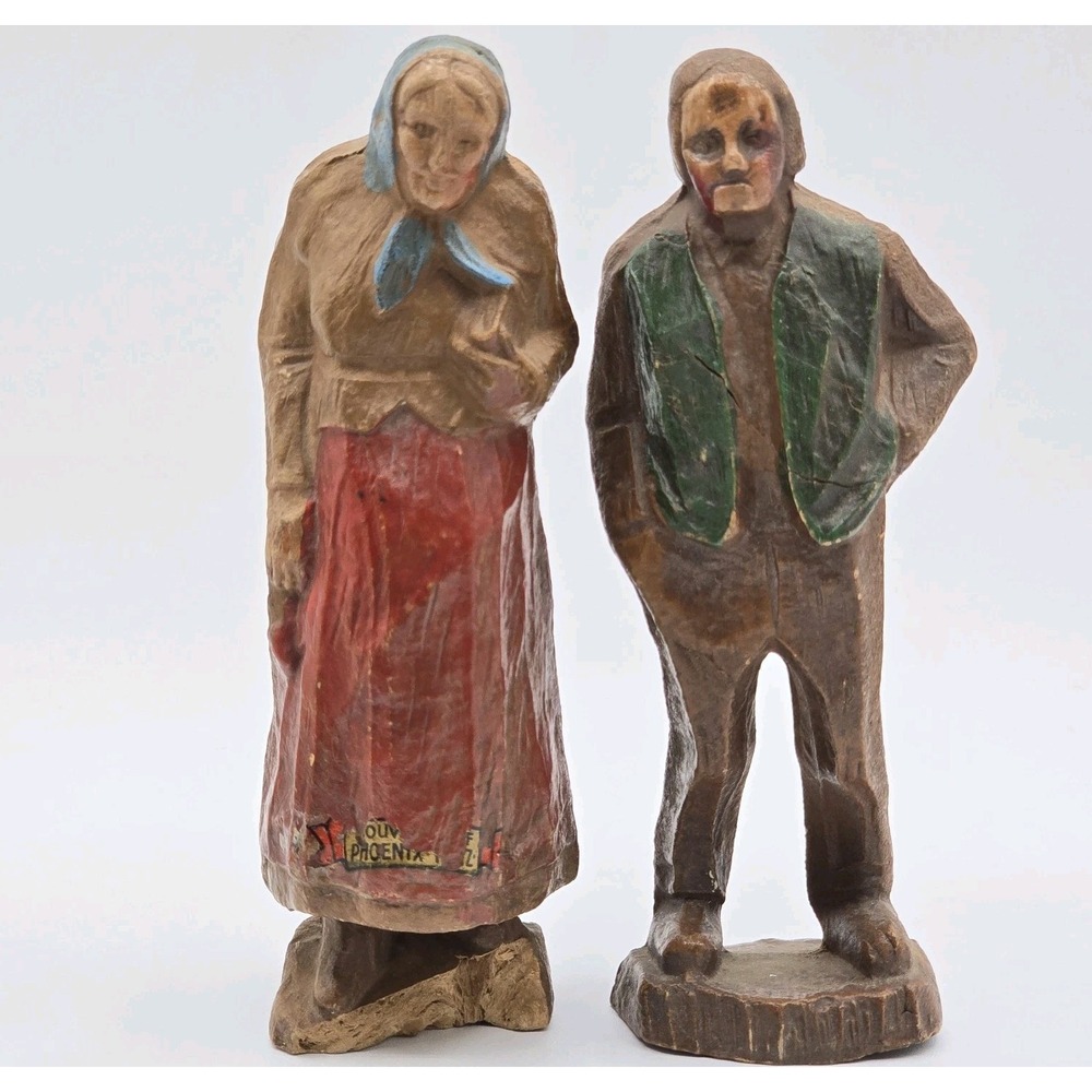 Vtg Syroco Wood Hand Carved Folk Art Woman And Man in Vest Figurine Mid-Century‎